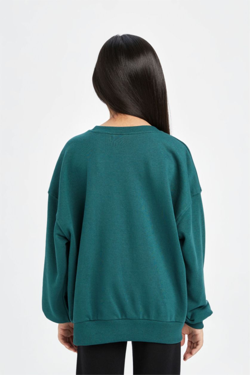 بنات أخضر سويت شيرت واسع برقبة مستديرة