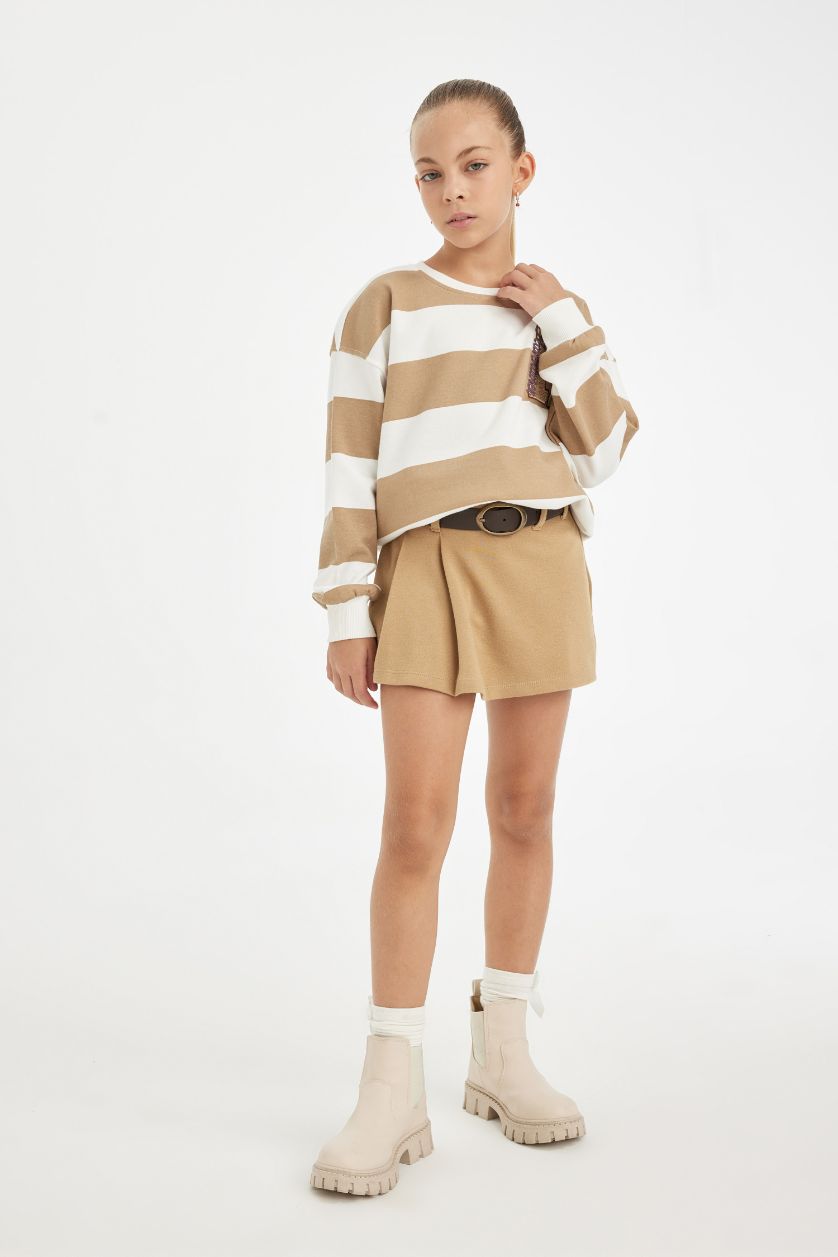 Kız Çocuk - Genç Kız Bej Relax Fit Bisiklet Yaka Nakışlı Sweatshirt Kız Çocuk