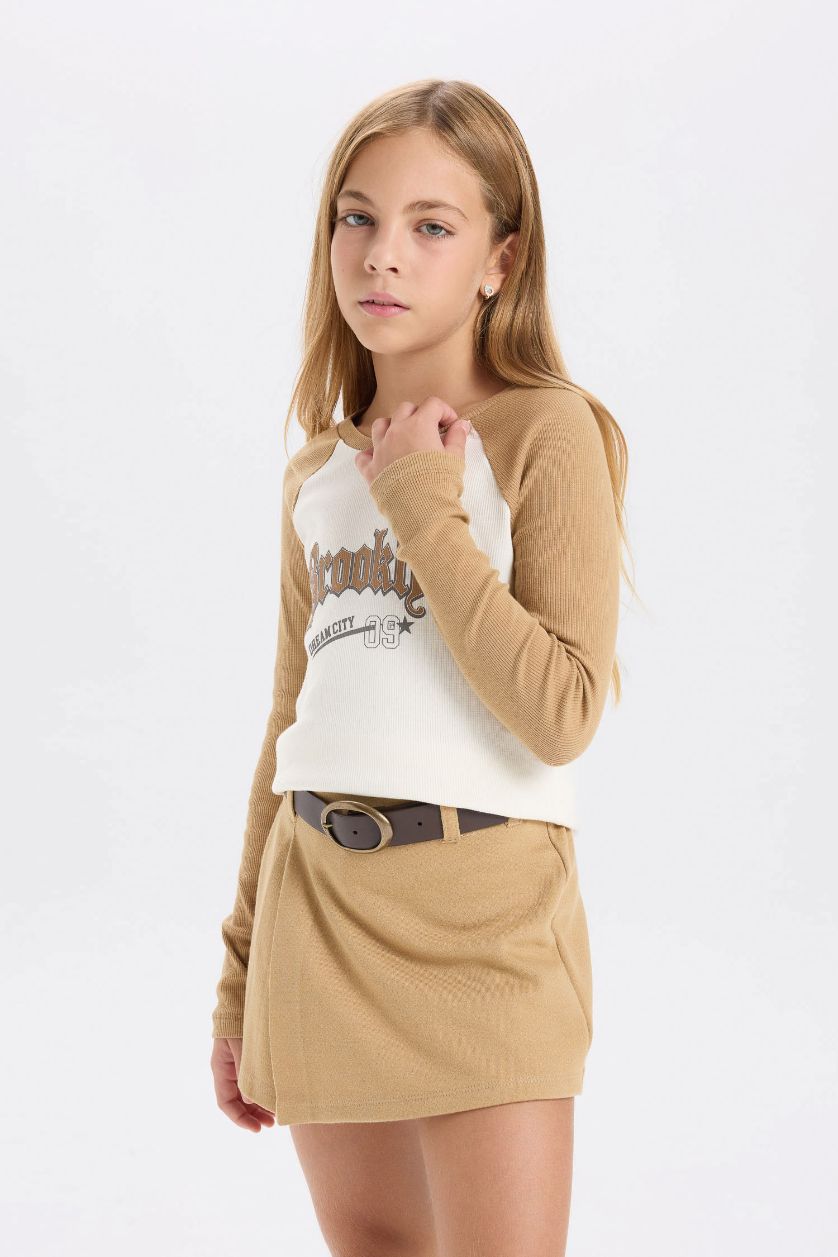 FILLES Beige T-shirt long à manches longues et col rond imprimé côtelé de Fall in Love