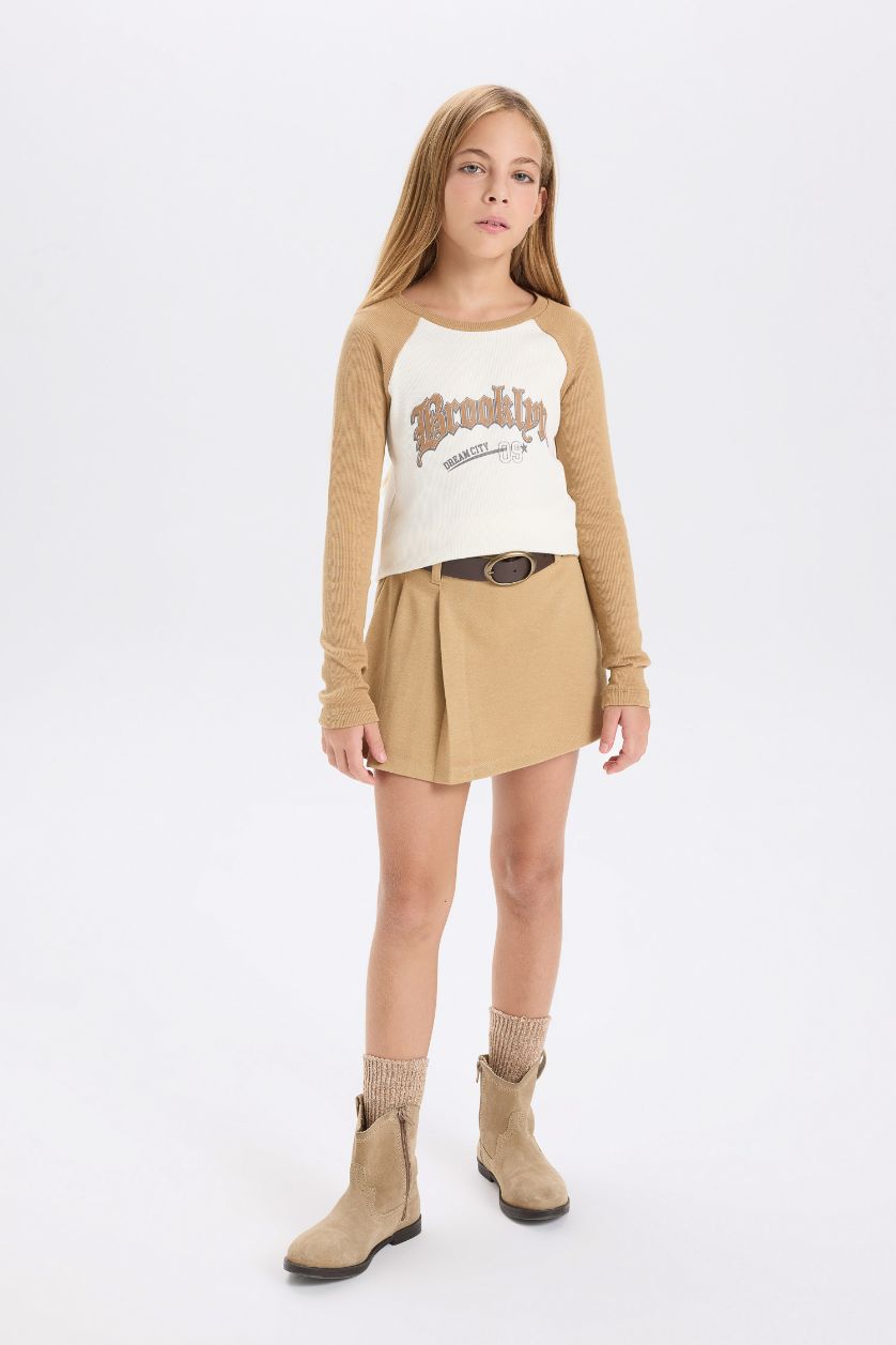 FILLES Beige T-shirt long à manches longues et col rond imprimé côtelé de Fall in Love