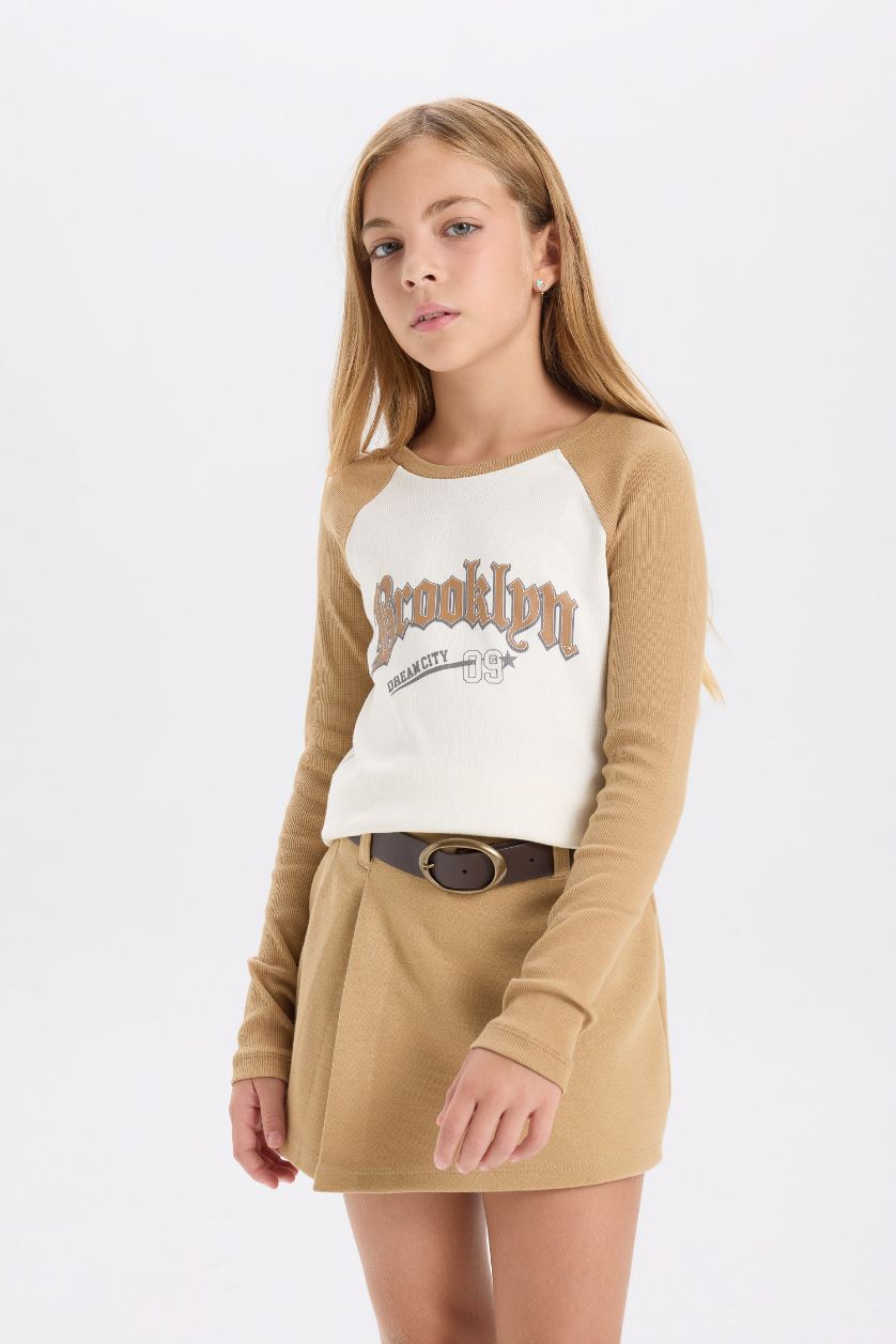 FILLES Beige T-shirt long à manches longues et col rond imprimé côtelé de Fall in Love
