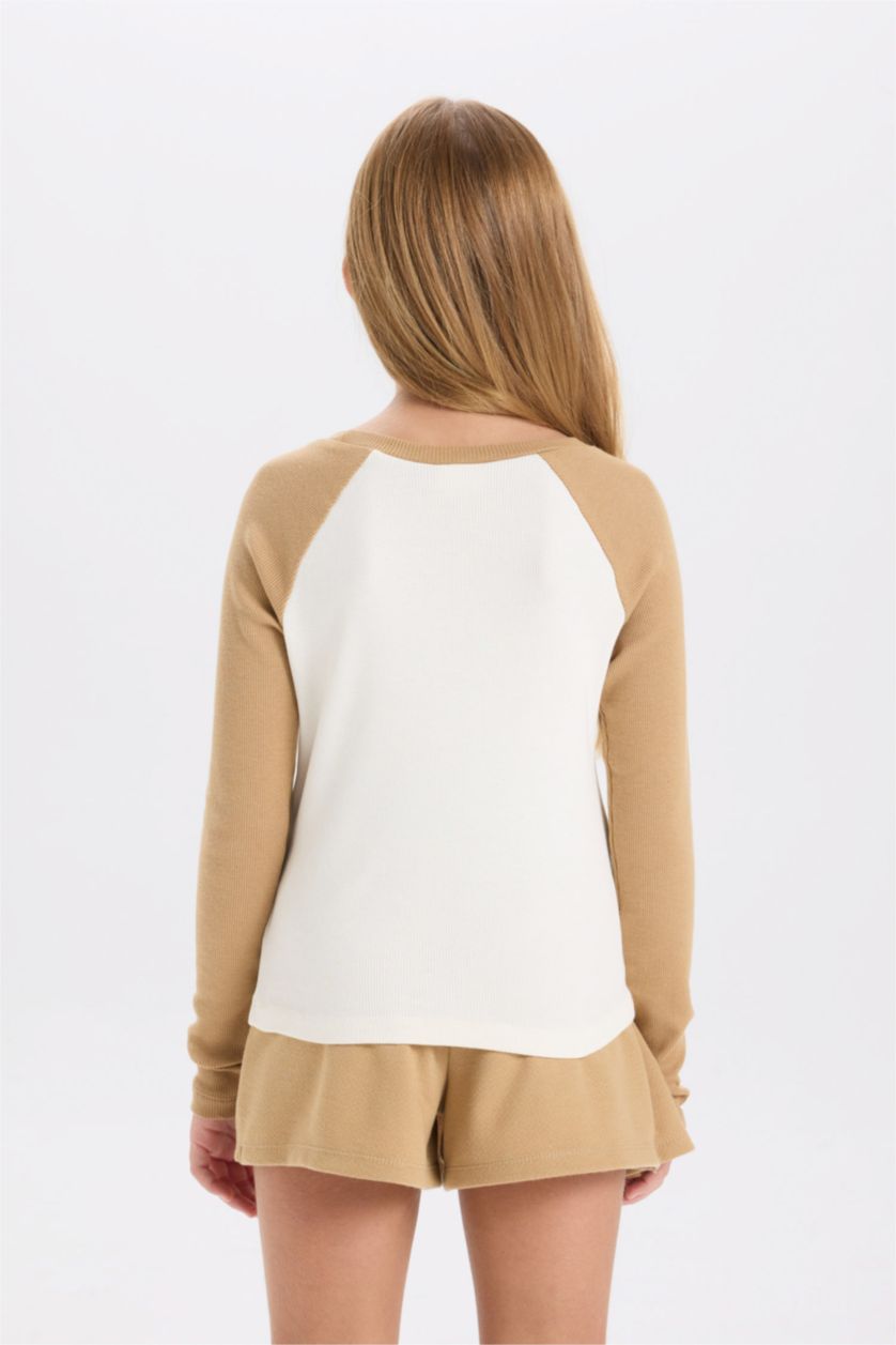 FILLES Beige T-shirt long à manches longues et col rond imprimé côtelé de Fall in Love