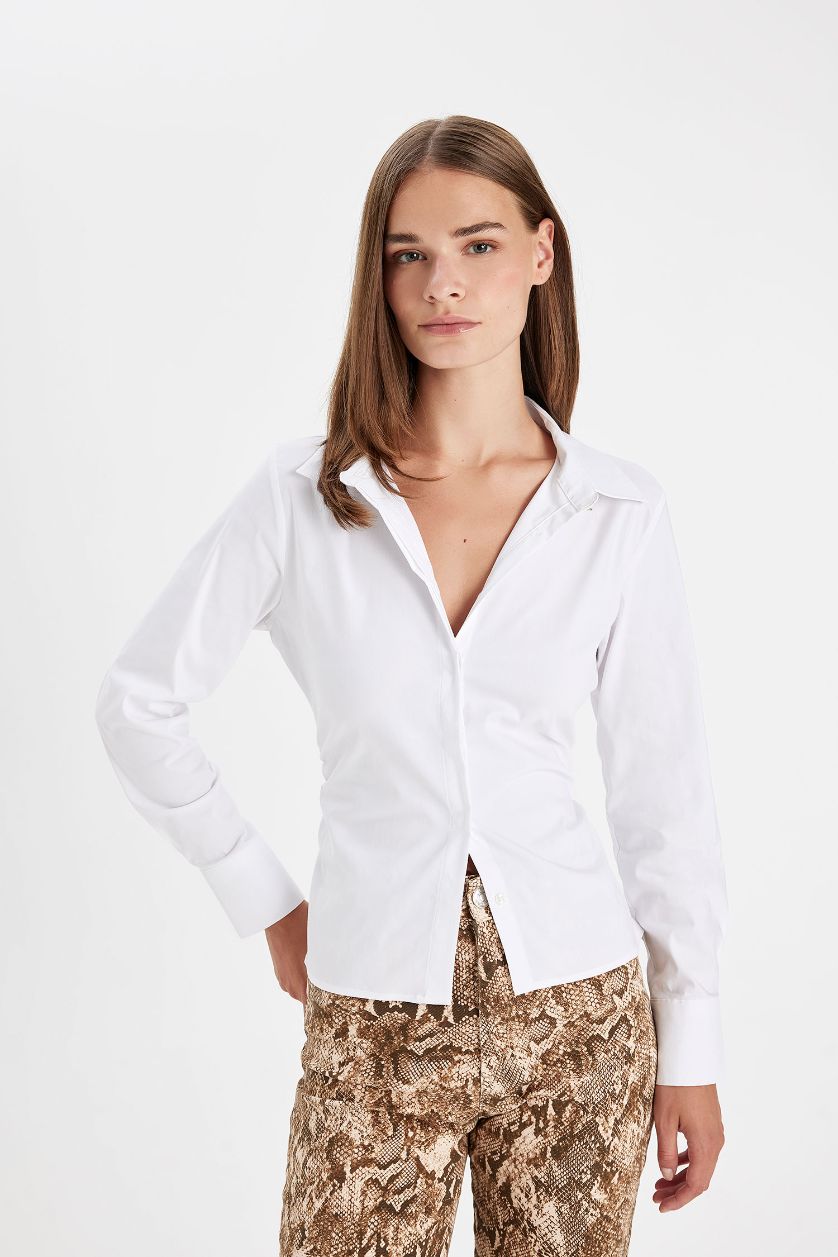 نساء Violet Beyaz قميص كم طويل بوبلين سليم فيت