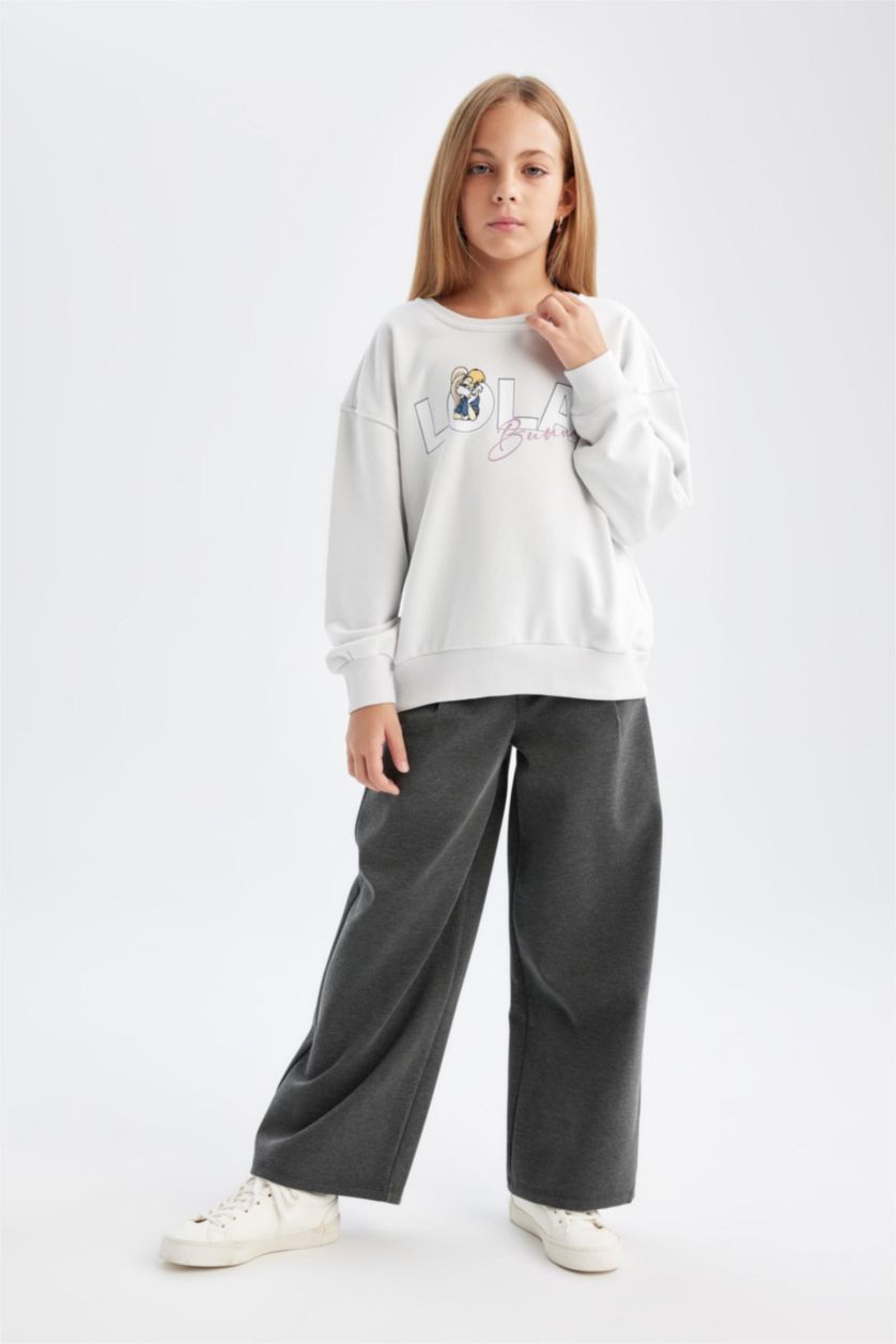 Kız Çocuk - Genç Kız Antasit Melanj Wide Leg Geniş Bol Paça Beli Lastikli Basic Düz Eşofman Altı Kız Çocuk