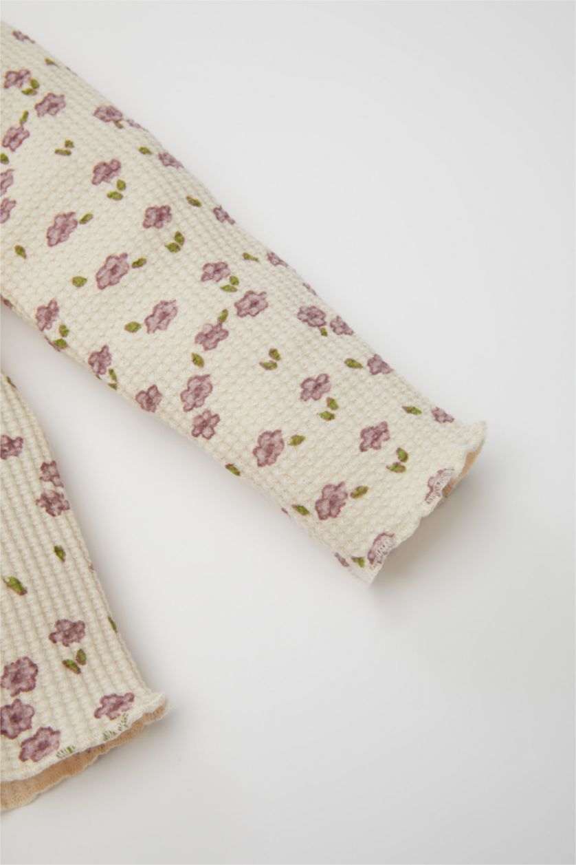 Kız Bebek Kum Kız Bebek Fırfırlı Yaka Çiçekli Waffle Uzun Kollu Tişört