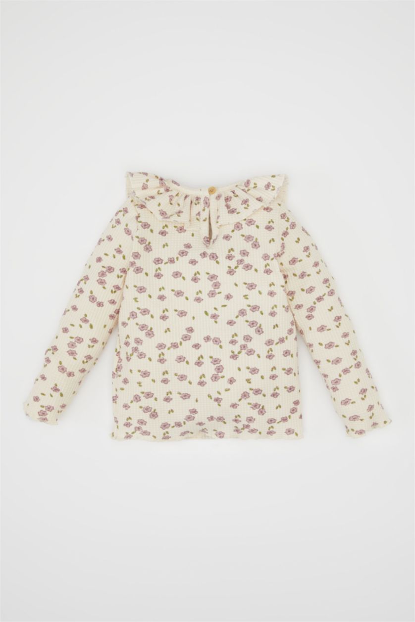 Kız Bebek Kum Kız Bebek Fırfırlı Yaka Çiçekli Waffle Uzun Kollu Tişört