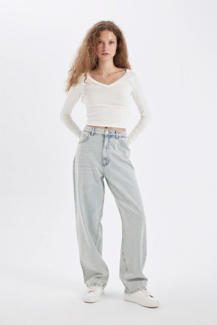 FEMME BLEU Clair Pantalon Jean Baggy Ample Coupe Ballon Taille Haute et Longueur Cheville