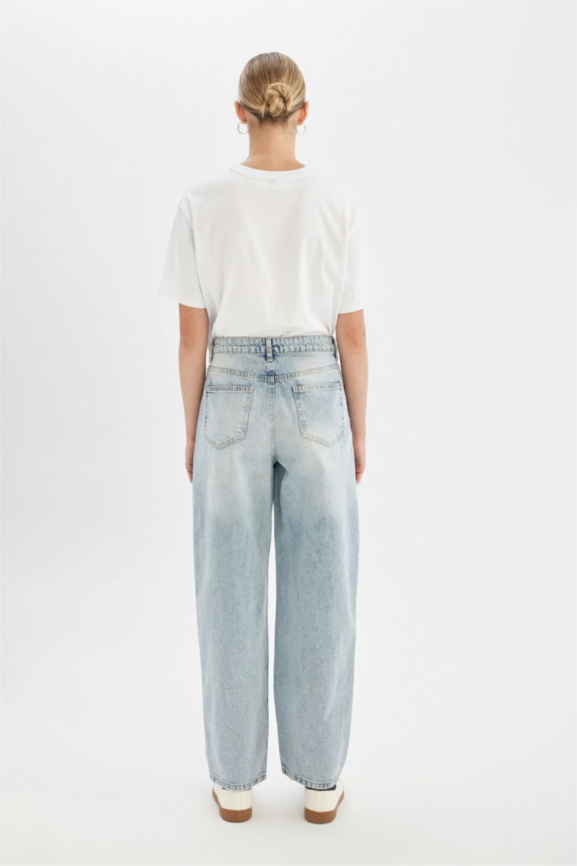 نساء أزرق فاتح سروال جينز باجي بخصر عالي