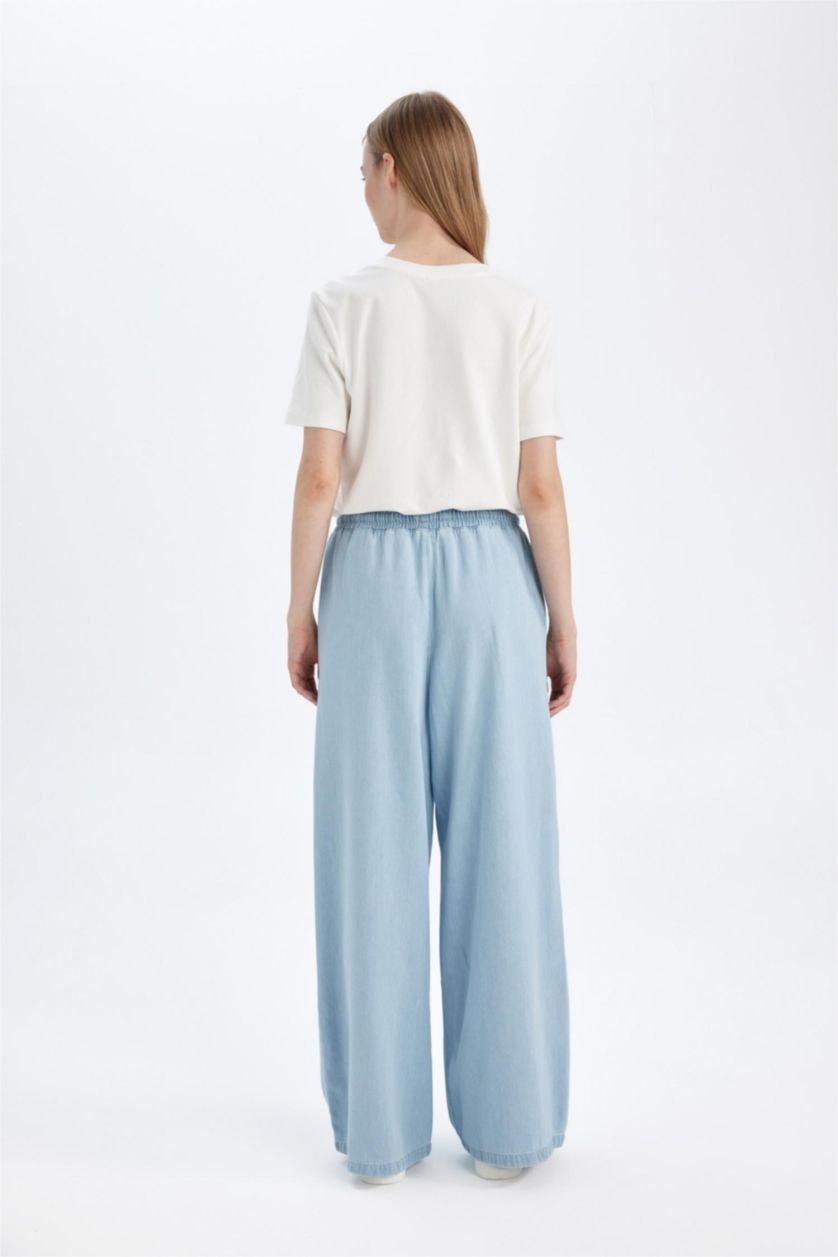 Kadın Mavi Culotte Yüksek Bel Uzun Yumuşak Jean Yıkamalı Pantolon