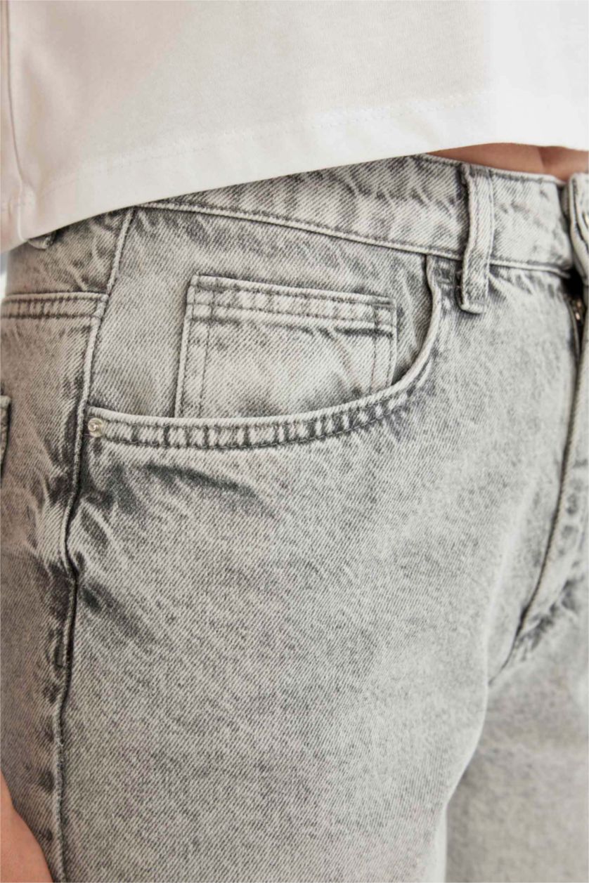 Kadın Gri Yüksek Bel Jean Bermuda Şort