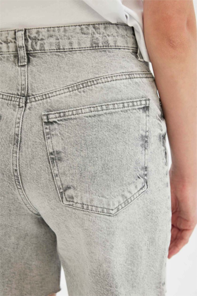 Kadın Gri Yüksek Bel Jean Bermuda Şort