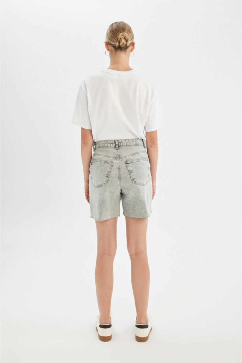Kadın Gri Yüksek Bel Jean Bermuda Şort