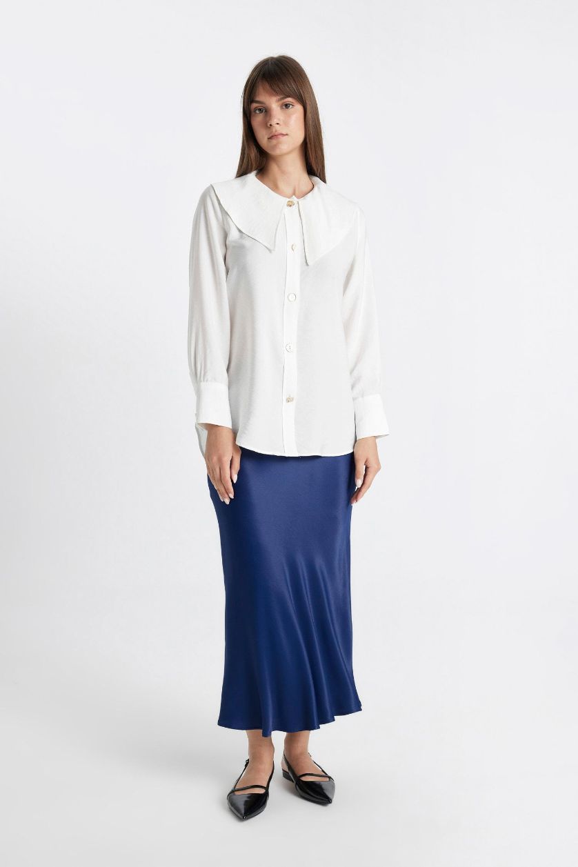 Kadın Saks A Kesim Basic Düz Saten Maxi Etek