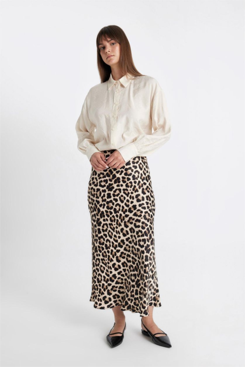 Kadın Vizon A Kesim Leopar Desenli Saten Maxi Etek