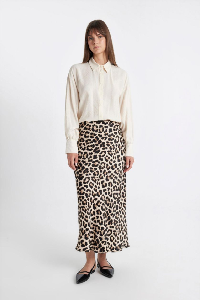 Kadın Vizon A Kesim Leopar Desenli Saten Maxi Etek
