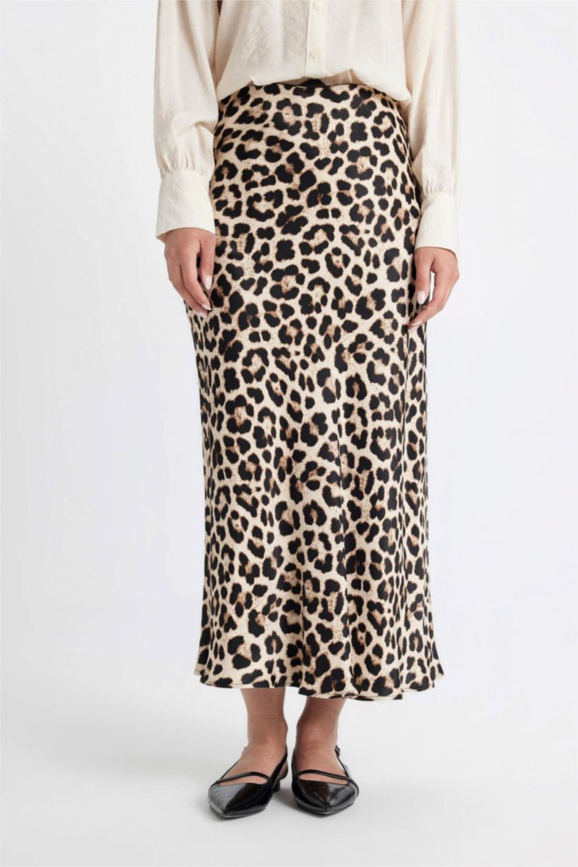 Kadın Vizon A Kesim Leopar Desenli Saten Maxi Etek