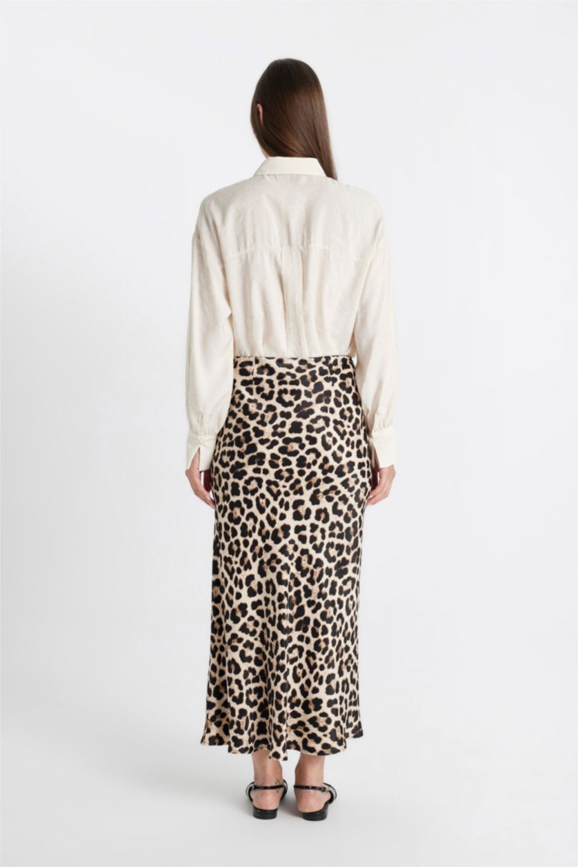 Kadın Vizon A Kesim Leopar Desenli Saten Maxi Etek
