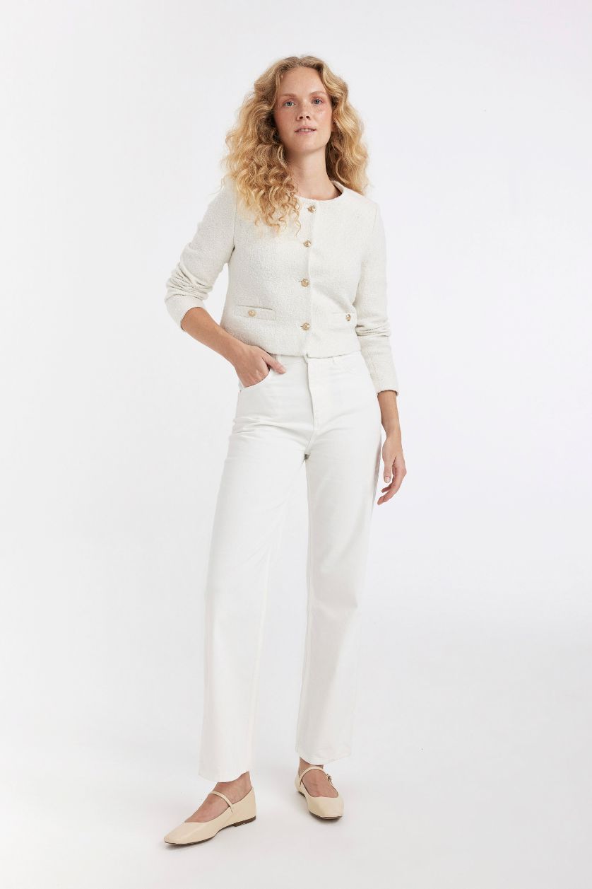 Kadın Ekru Regular Fit Bisiklet Yaka Tweed Düğmeli Crop Blazer Ceket