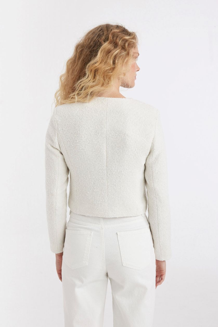 Kadın Ekru Regular Fit Bisiklet Yaka Tweed Düğmeli Crop Blazer Ceket