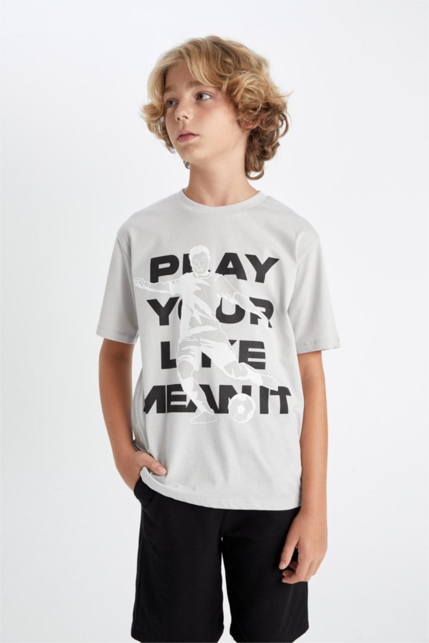 Erkek Çocuk - Genç Erkek Açık Gri Erkek Çocuk 2'li Takım Baskılı Kısa Kollu Tişört Şort