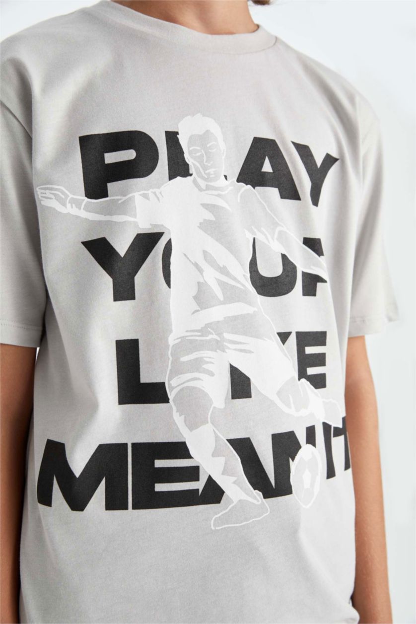 Erkek Çocuk - Genç Erkek Açık Gri Erkek Çocuk 2'li Takım Baskılı Kısa Kollu Tişört Şort