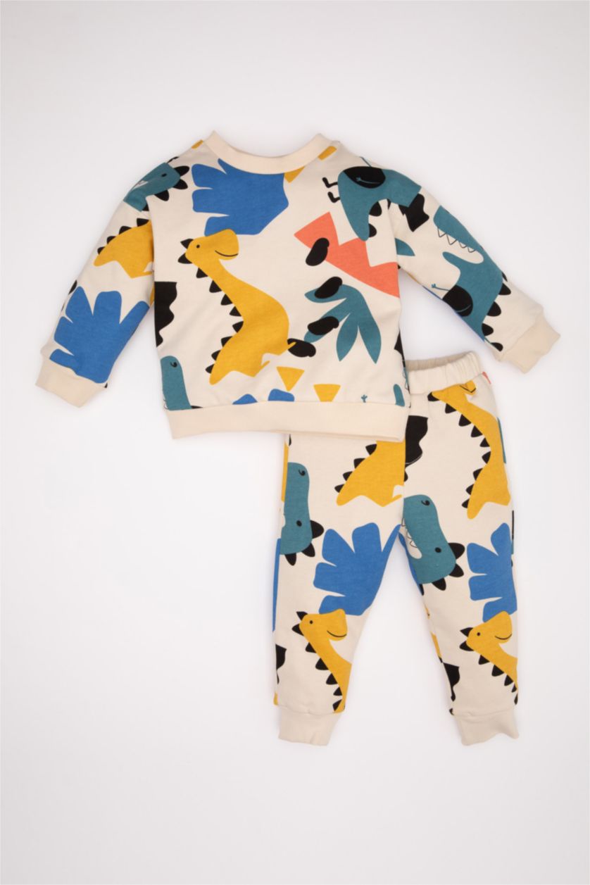 Erkek Bebek Açık Taş Erkek Bebek 2'li Takım Dinozor Desenli Sweatshirt Beli Lastikli Eşofman Altı