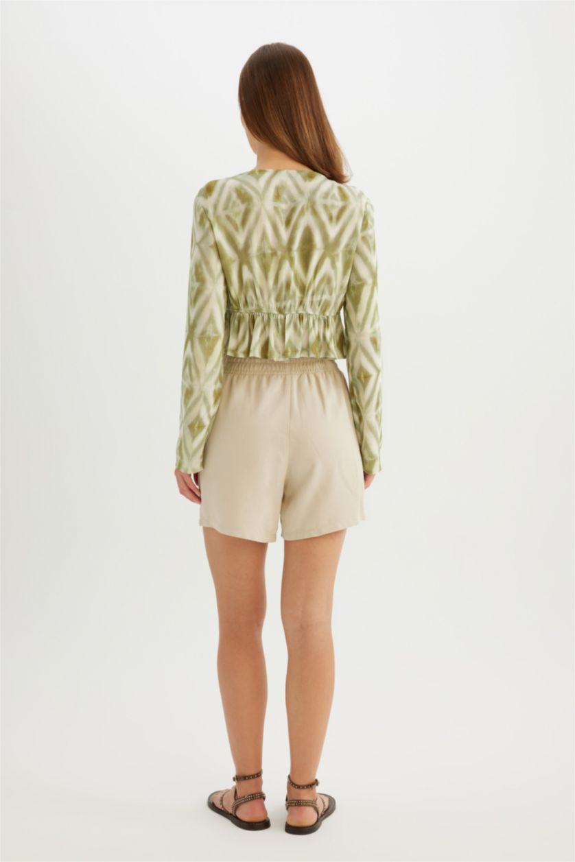 Kadın Taş Relax Fıt Paperbag Bel Geniş Paça Keten Karışımlı Şort