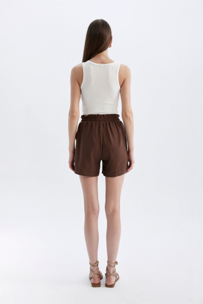 Kadın Kahve Relax Fıt Paperbag Bel Geniş Paça Keten Karışımlı Şort