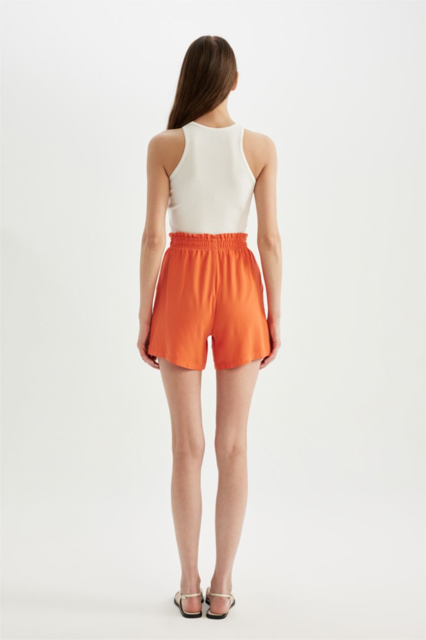 Kadın Turuncu Relax Fıt Paperbag Bel Geniş Paça Keten Karışımlı Şort