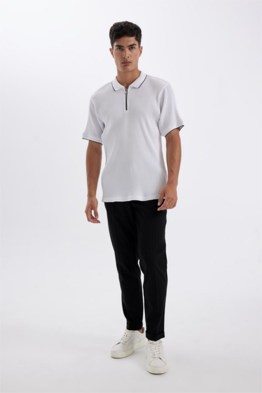 Erkek Beyaz Slim Fit Dar Kesim Polo Yaka Kısa Kollu Fitilli Kaşkorse Yarım Fermuarlı Tişört