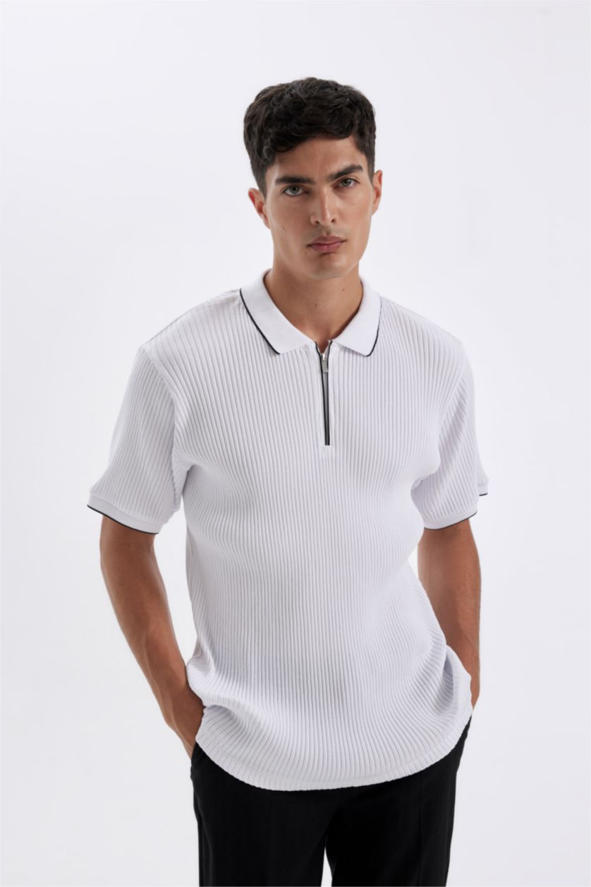 Erkek Beyaz Slim Fit Dar Kesim Polo Yaka Kısa Kollu Fitilli Kaşkorse Yarım Fermuarlı Tişört