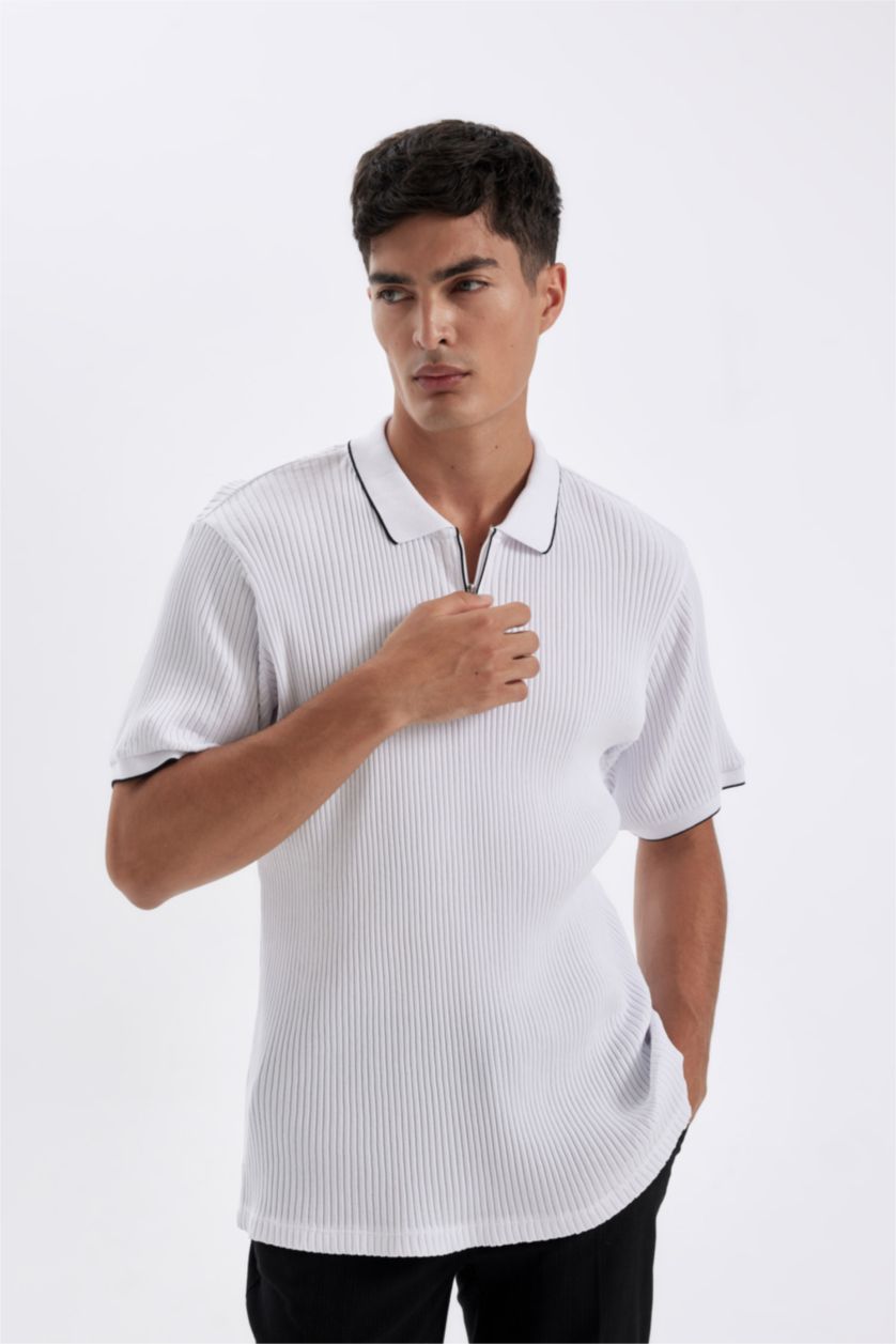 Erkek Beyaz Slim Fit Dar Kesim Polo Yaka Kısa Kollu Fitilli Kaşkorse Yarım Fermuarlı Tişört