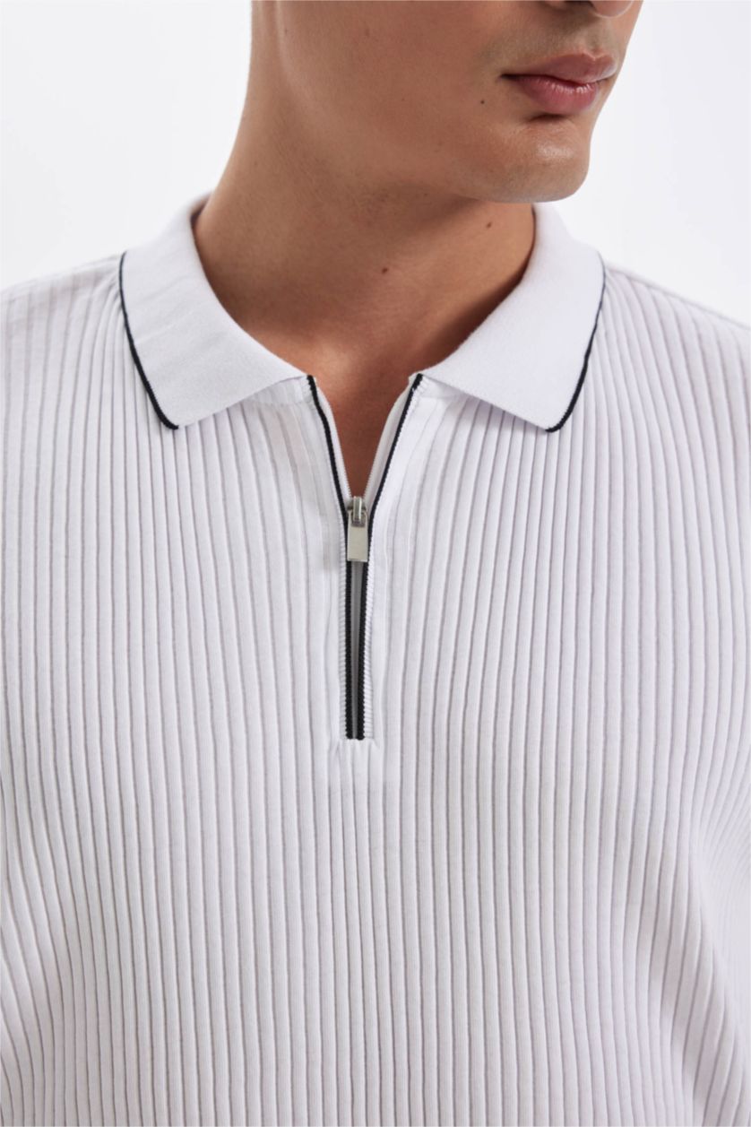 Erkek Beyaz Slim Fit Dar Kesim Polo Yaka Kısa Kollu Fitilli Kaşkorse Yarım Fermuarlı Tişört
