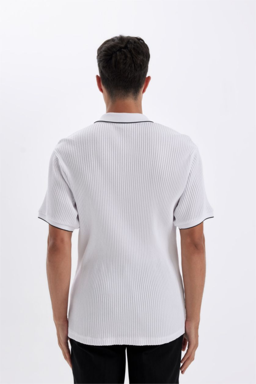 Erkek Beyaz Slim Fit Dar Kesim Polo Yaka Kısa Kollu Fitilli Kaşkorse Yarım Fermuarlı Tişört