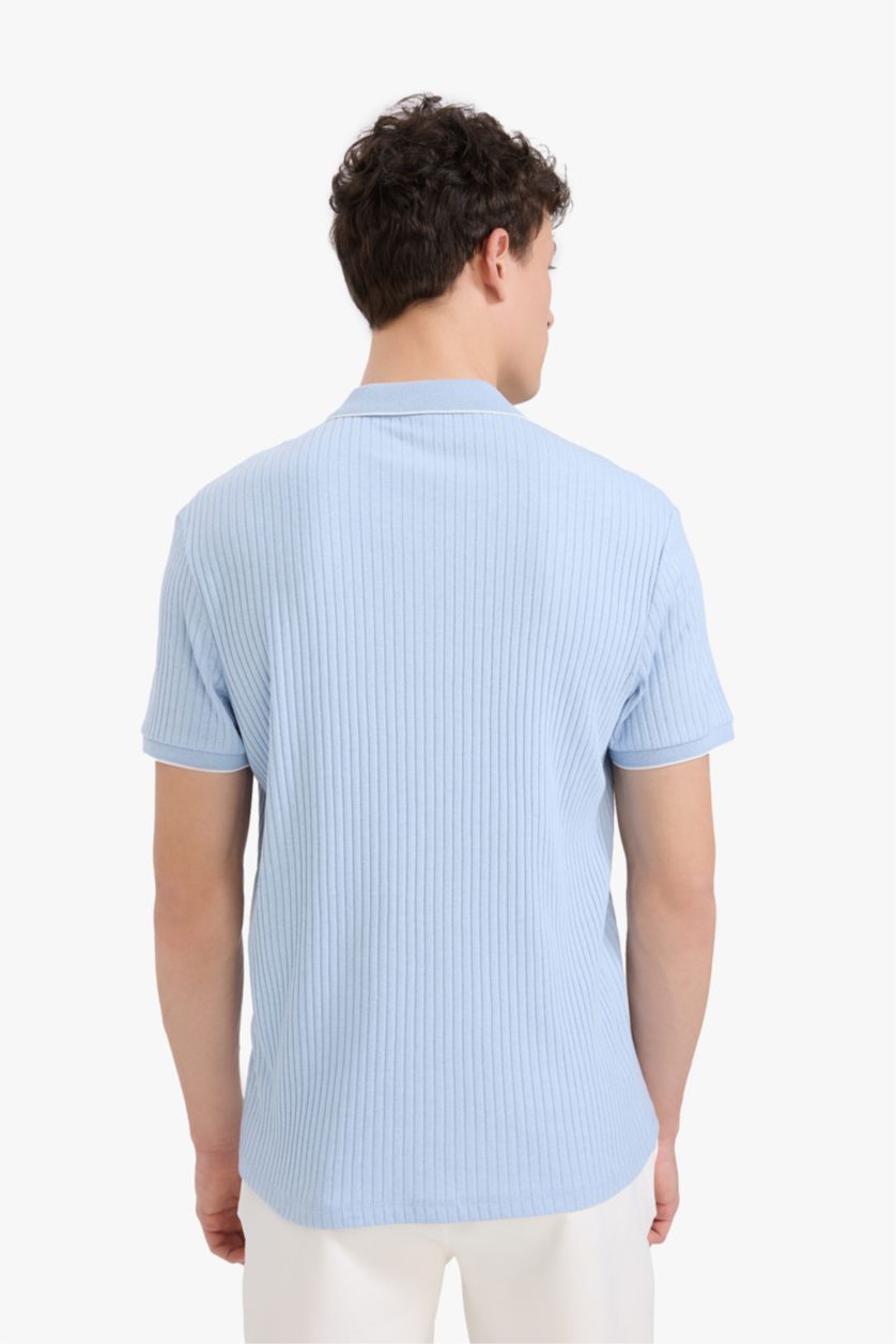MAN Light Blue Slim Fit Ribbed Camisole Half Zippered Polo T-Shirt
