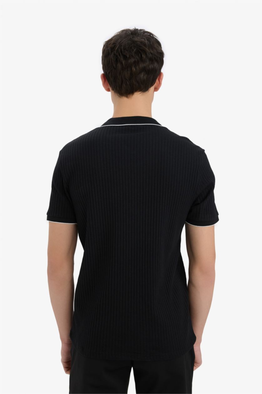 رجال أسود تيشيرت بولو مضلع سليم فيت بياقة بولو