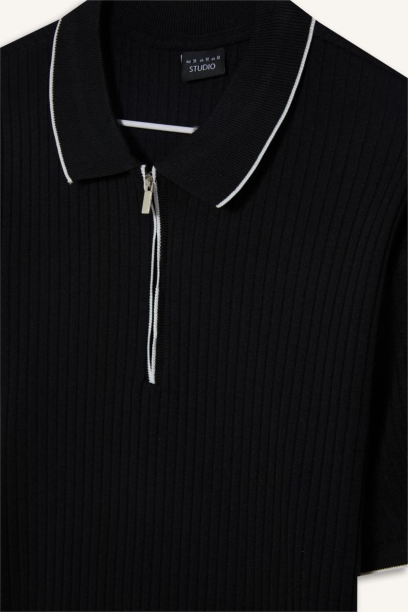 رجال أسود تيشيرت بولو مضلع سليم فيت بياقة بولو