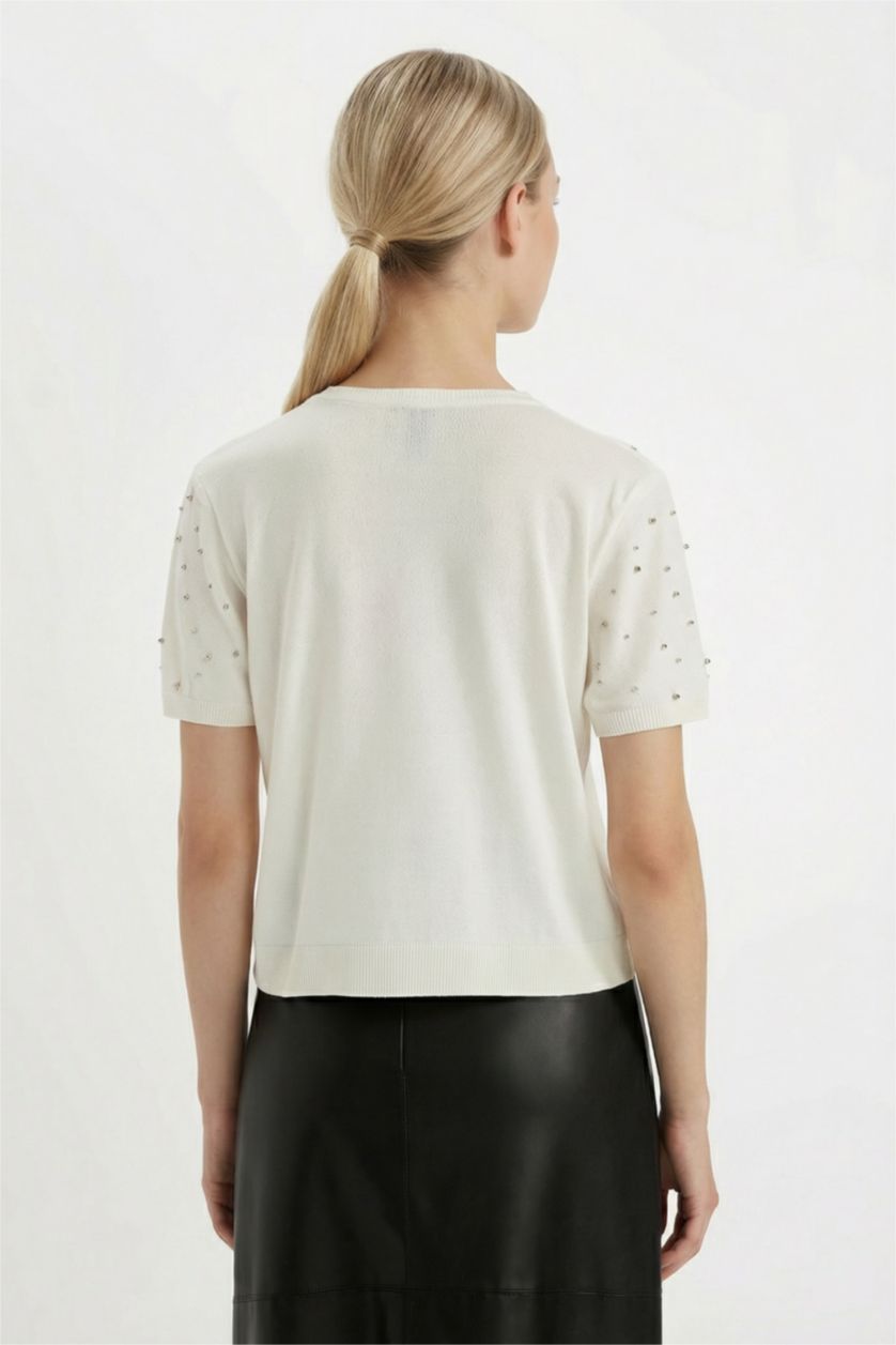 نساء بيج فاتح بلوفر نص كم قصة عادية برقبة مستديرة