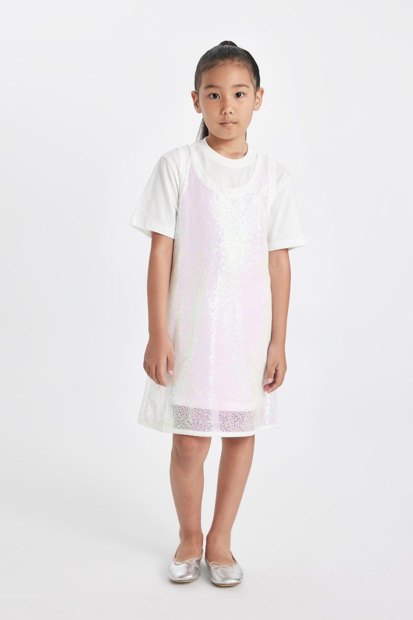 Girls & Teens Ecru Girl Short Sleeve T-Shirt Dress 2 Piece Set