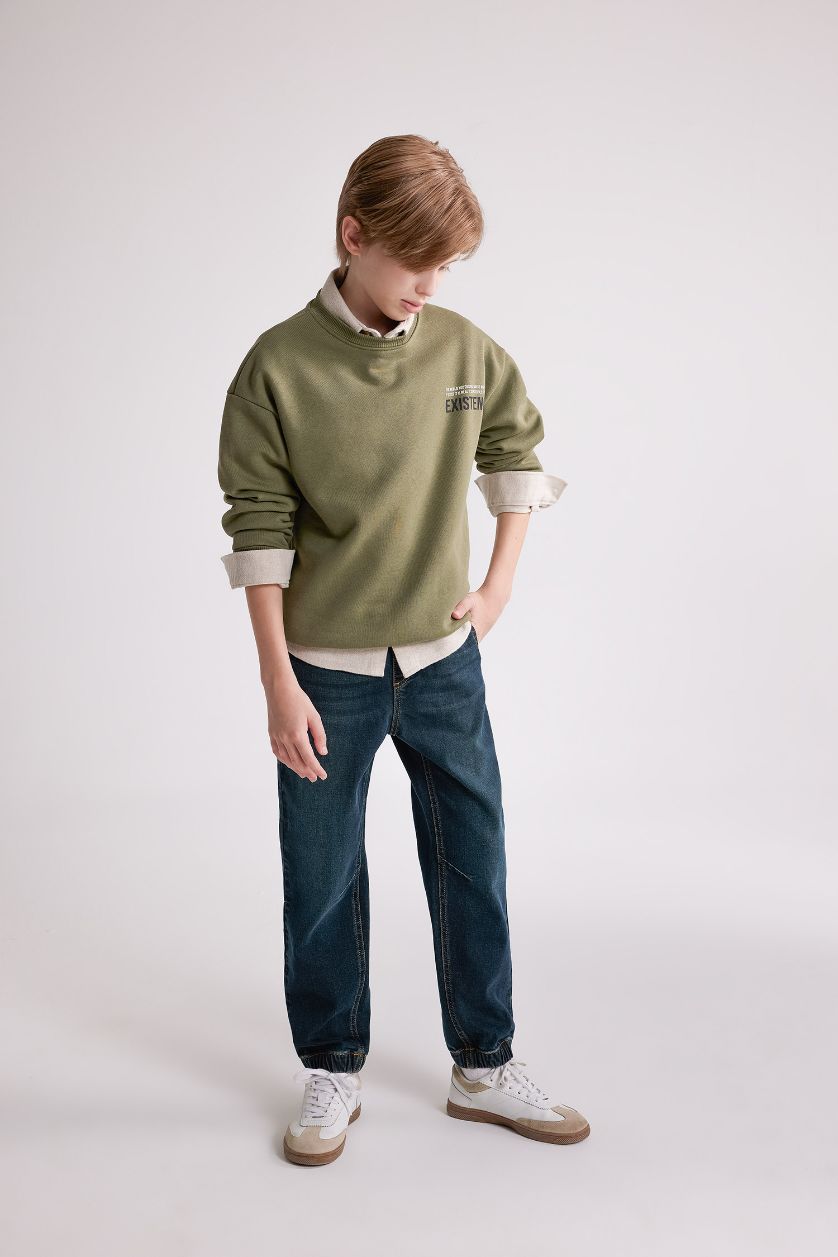 Boys & Teens Khaki Boy Oversize Fit Crew Neck Back Printed Sweatshirt
