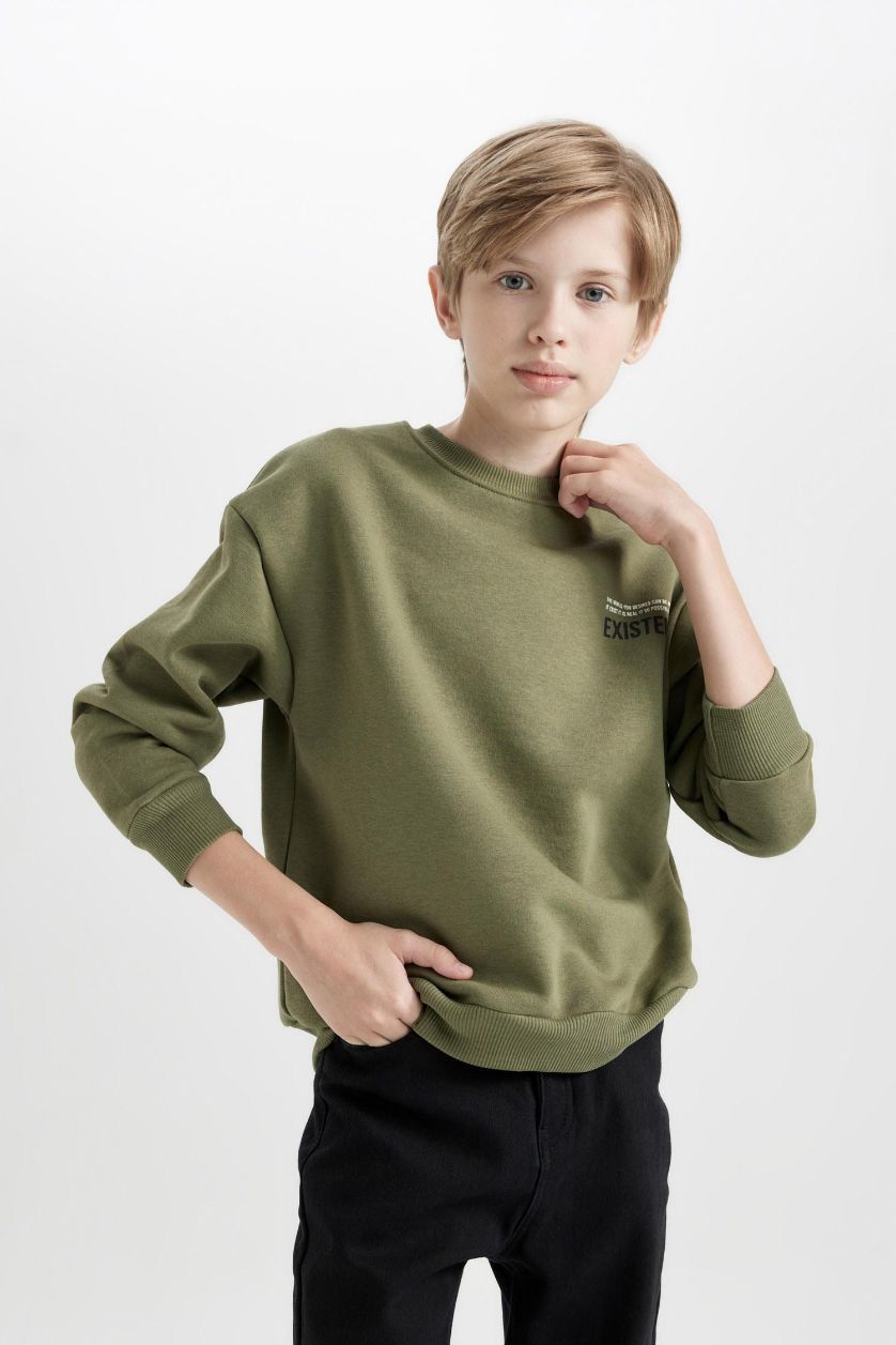 Boys & Teens Khaki Boy Oversize Fit Crew Neck Back Printed Sweatshirt