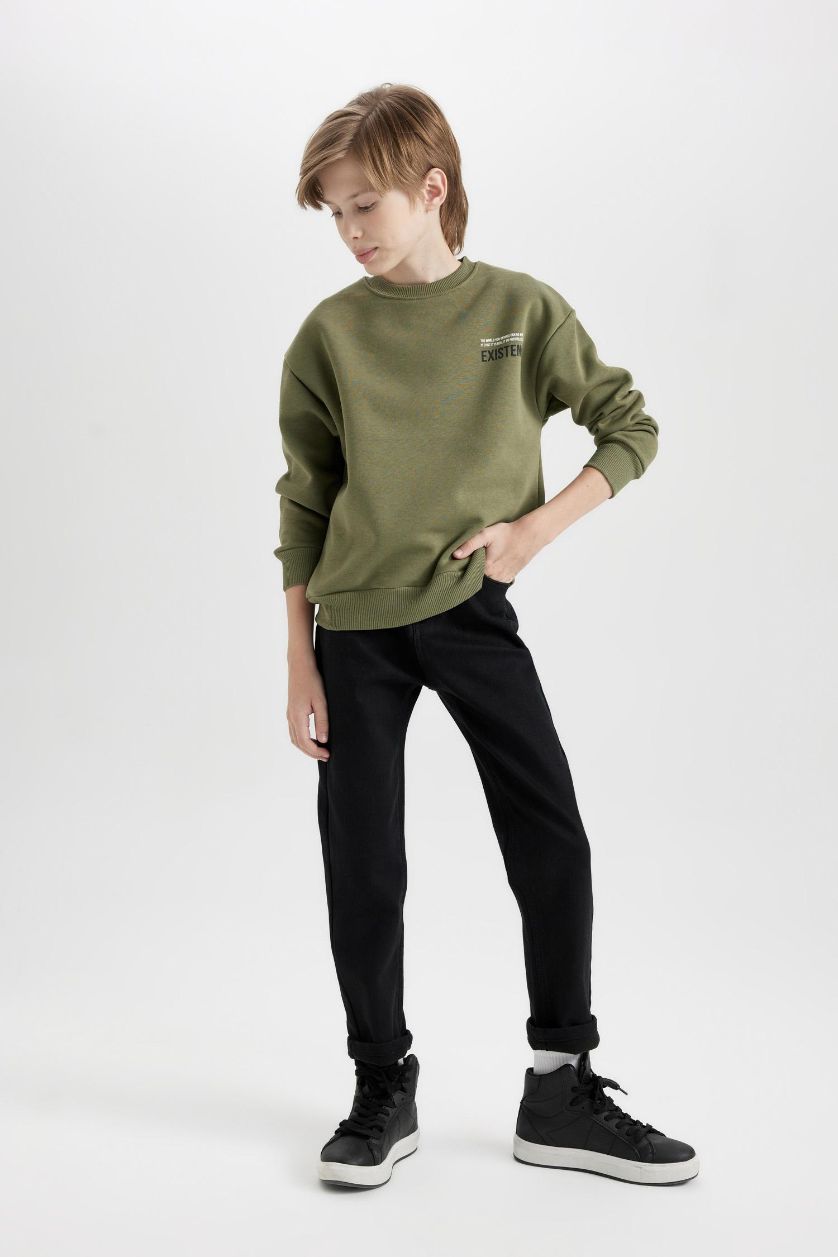 Boys & Teens Khaki Boy Oversize Fit Crew Neck Back Printed Sweatshirt