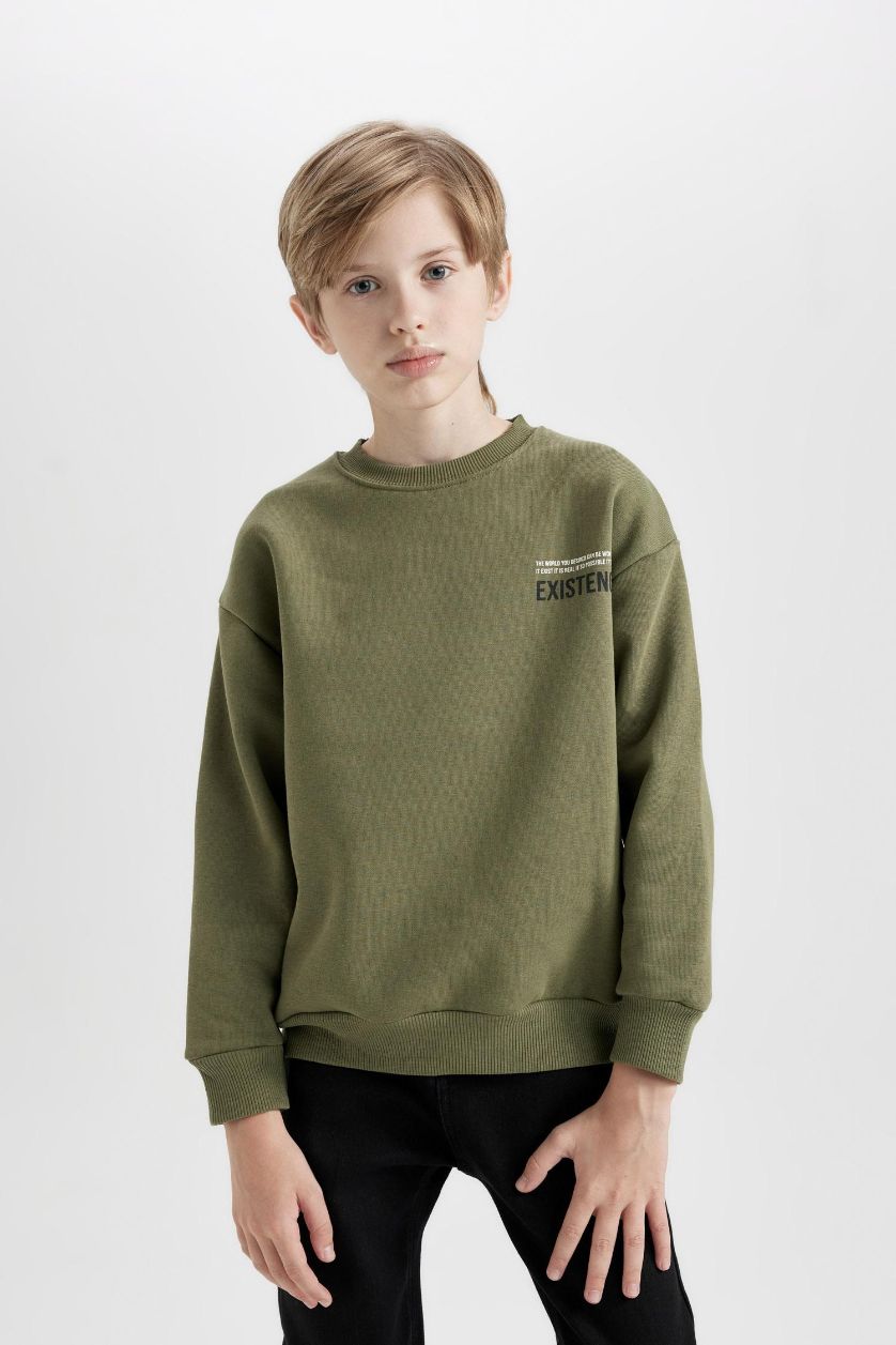 Boys & Teens Khaki Boy Oversize Fit Crew Neck Back Printed Sweatshirt