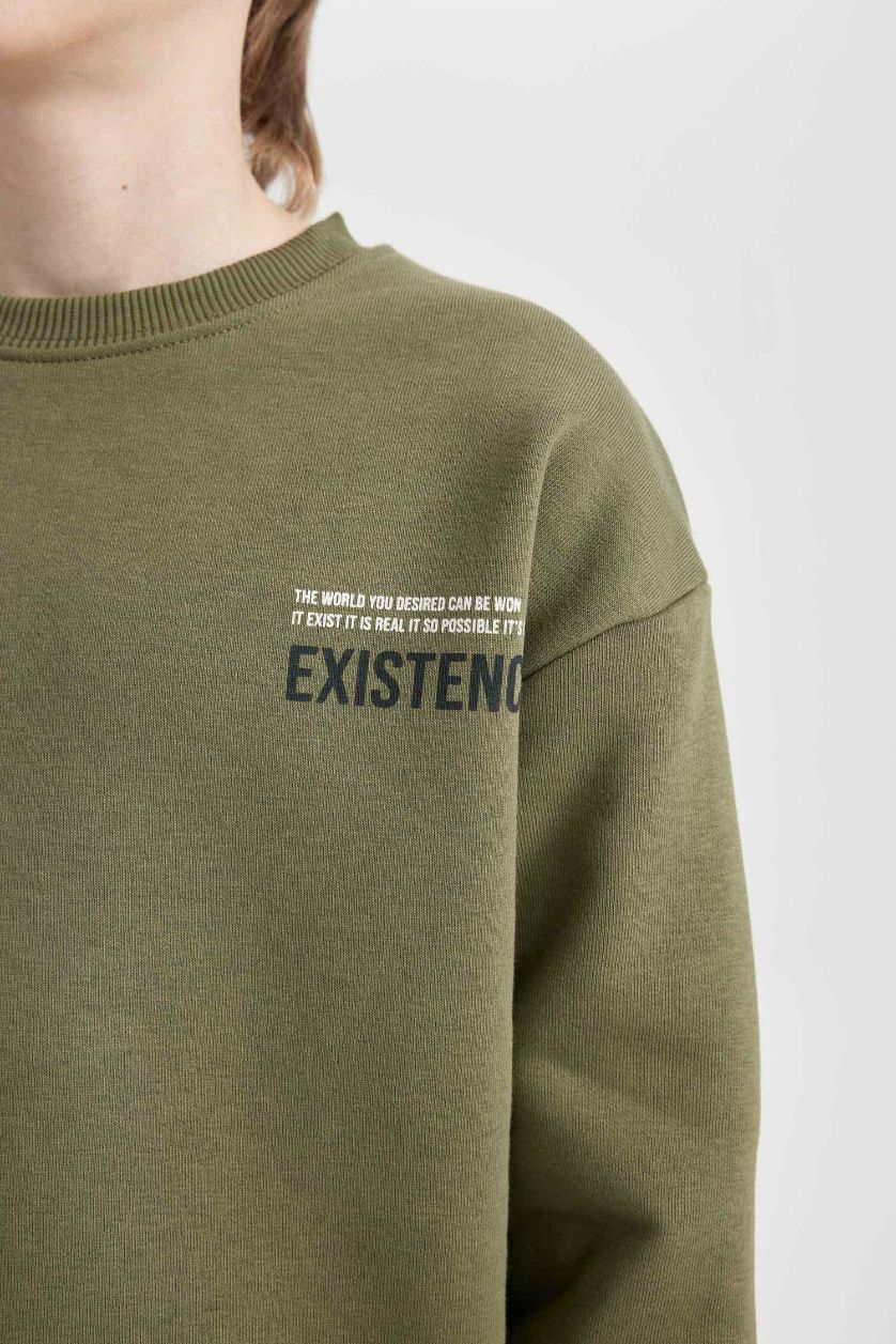 Boys & Teens Khaki Boy Oversize Fit Crew Neck Back Printed Sweatshirt