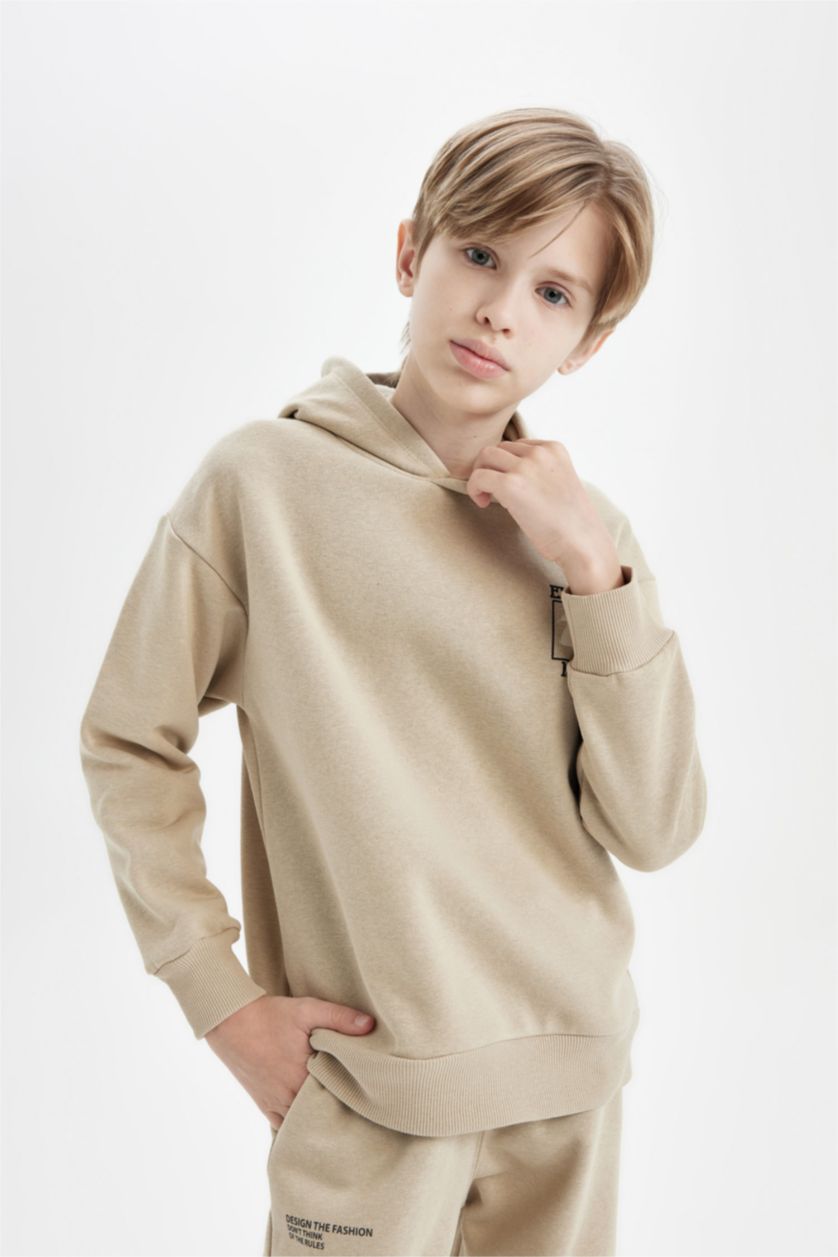 Erkek Çocuk - Genç Erkek Bej Oversize Geniş Kalıp Sırt Baskılı Kapüşonlu Sweatshirt Erkek Çocuk