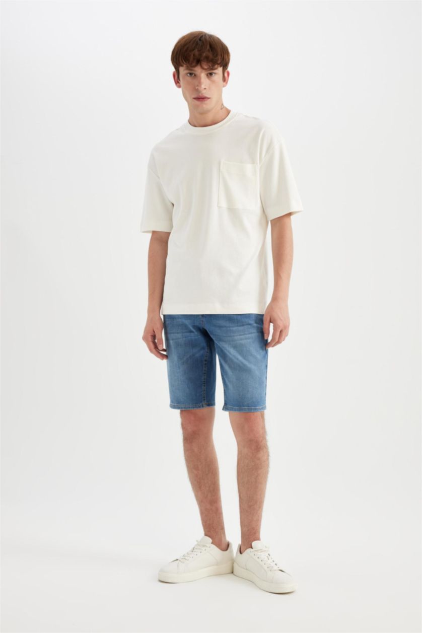 MAN Blue Regular Fit Denim Bermuda Shorts