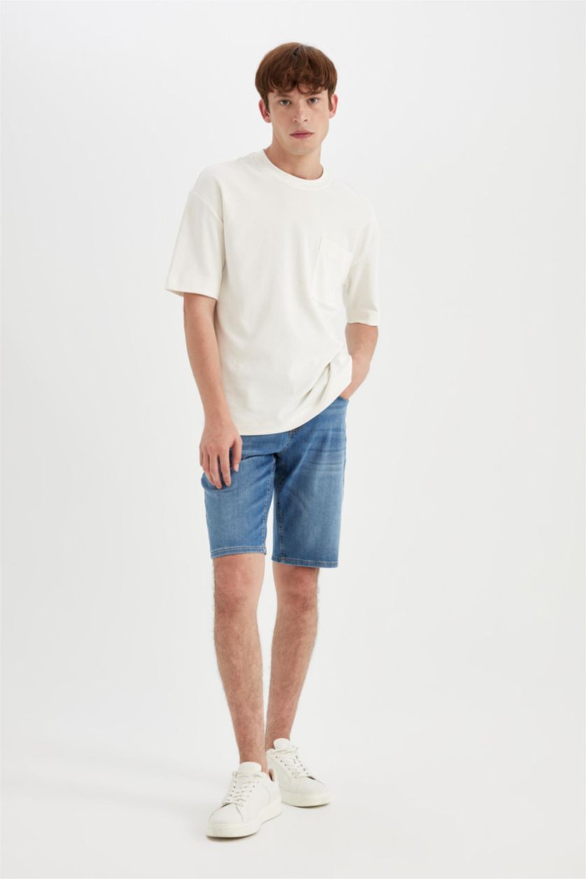 MAN Blue Regular Fit Denim Bermuda Shorts