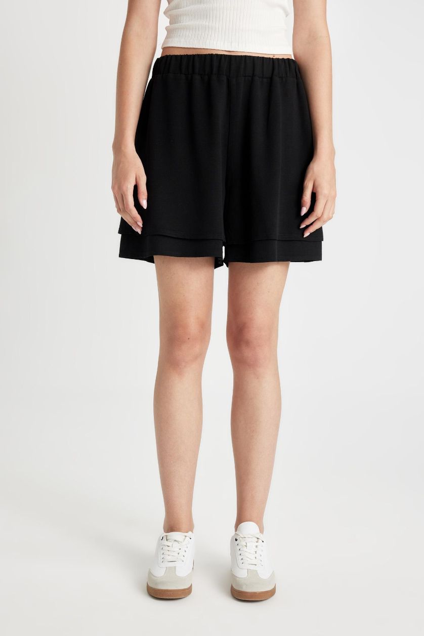 حريمي أسود شورت قصير قصة عادية ممزوج بالكتان وخصر عادي