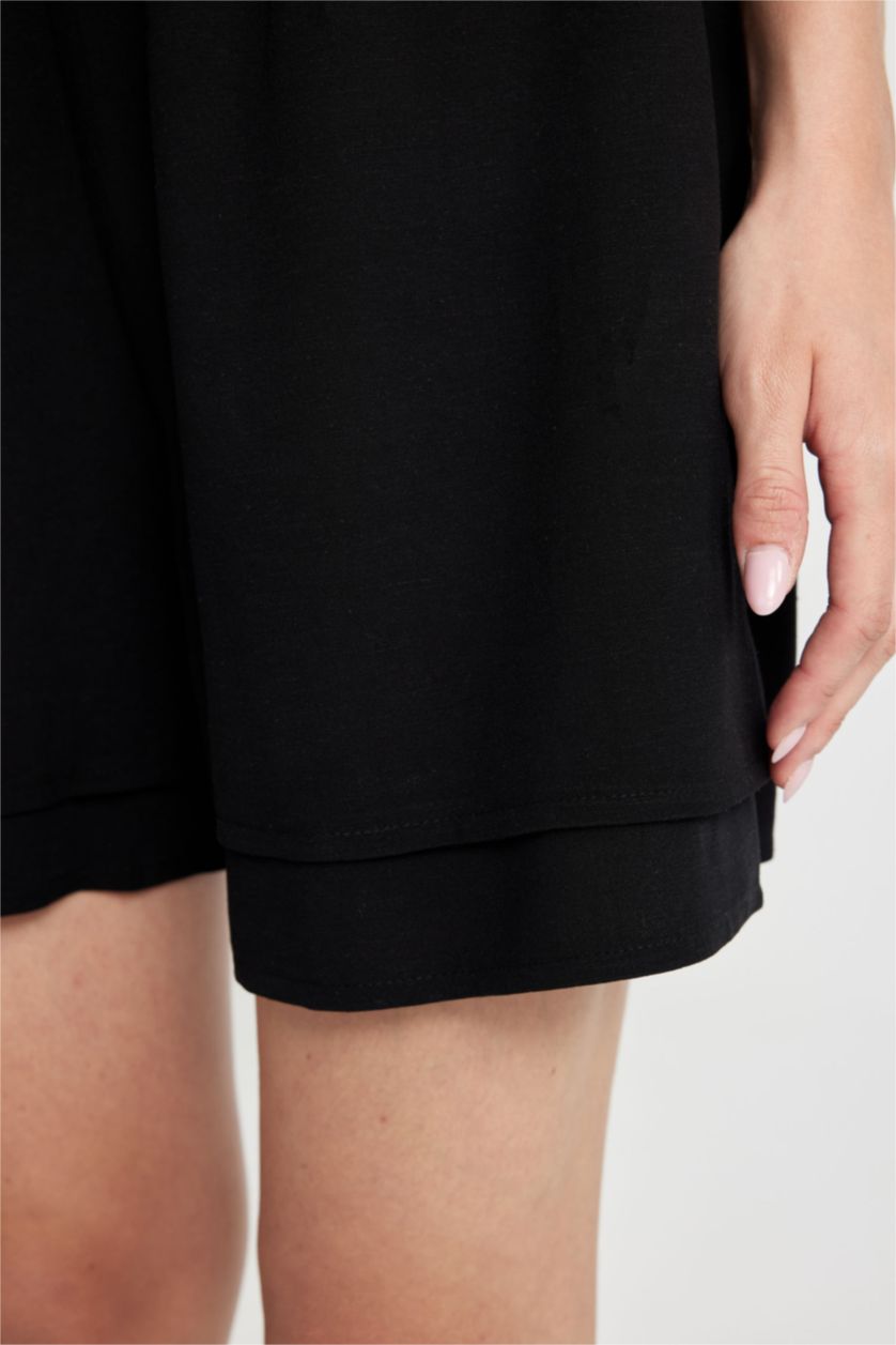 حريمي أسود شورت قصير قصة عادية ممزوج بالكتان وخصر عادي