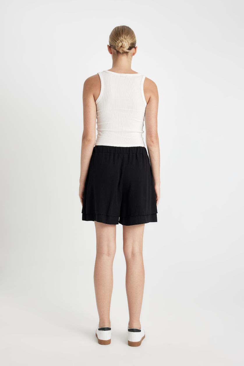 حريمي أسود شورت قصير قصة عادية ممزوج بالكتان وخصر عادي